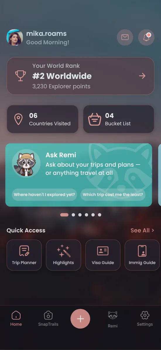 SnapTrail's Home screen in the Custom As Is theme