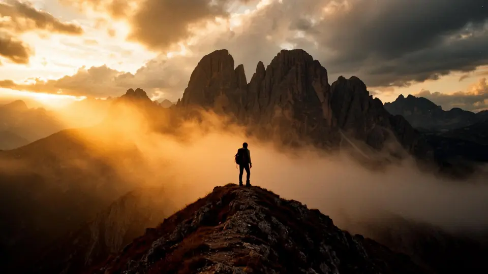 Hiker standing on a mountain ridge above the clouds in the Dolomites, Italy